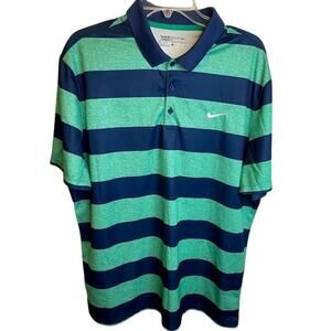 Nike Mens Polo Dri-Fit XL Navy Green Striped Golf Preppy Loungewear Shirt